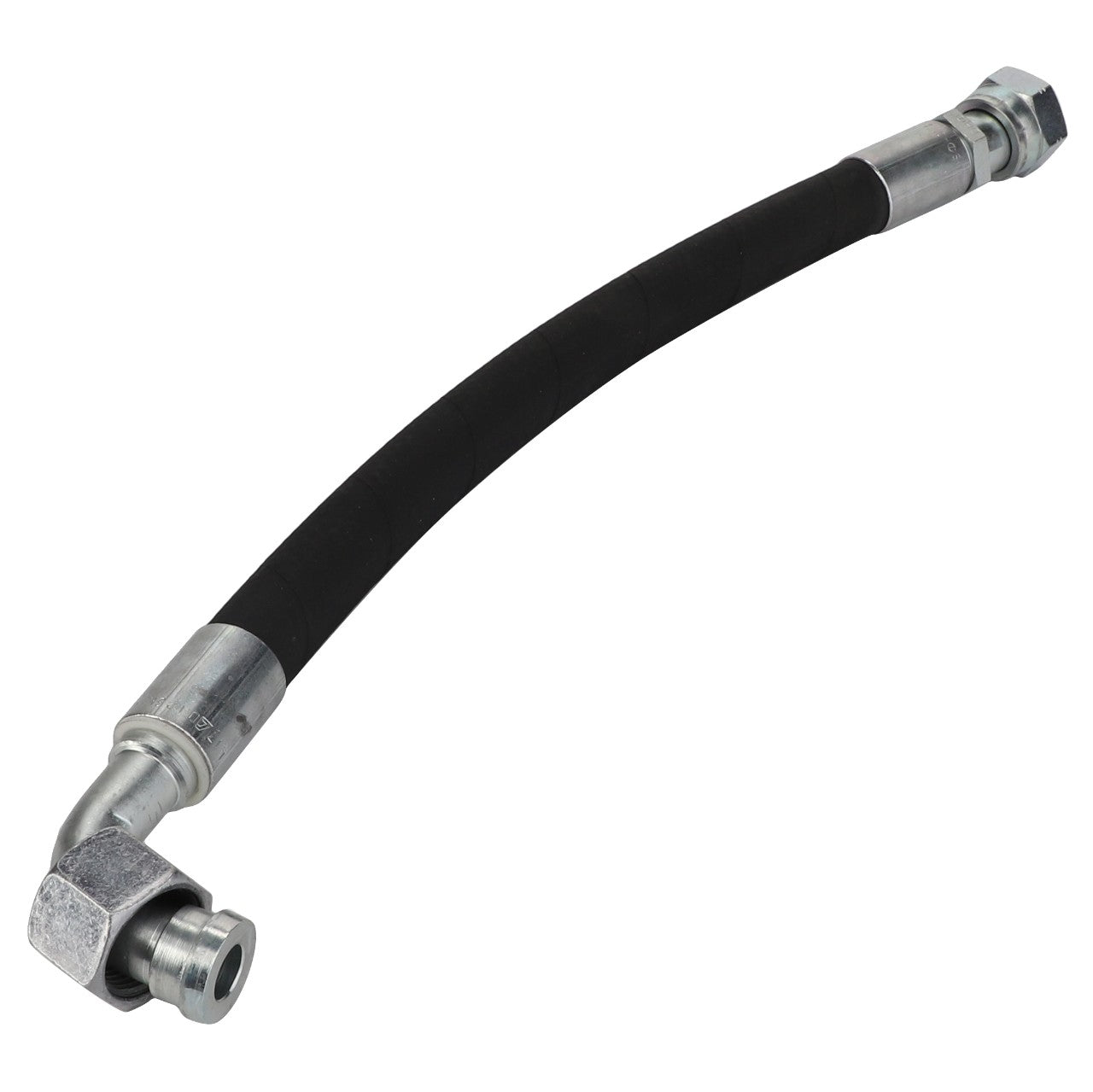 The AGCO | Hydraulic Hose - Acw1827400, under the AGCO brand, includes metal connectors on both ends and features a black flexible rubber section in the middle.