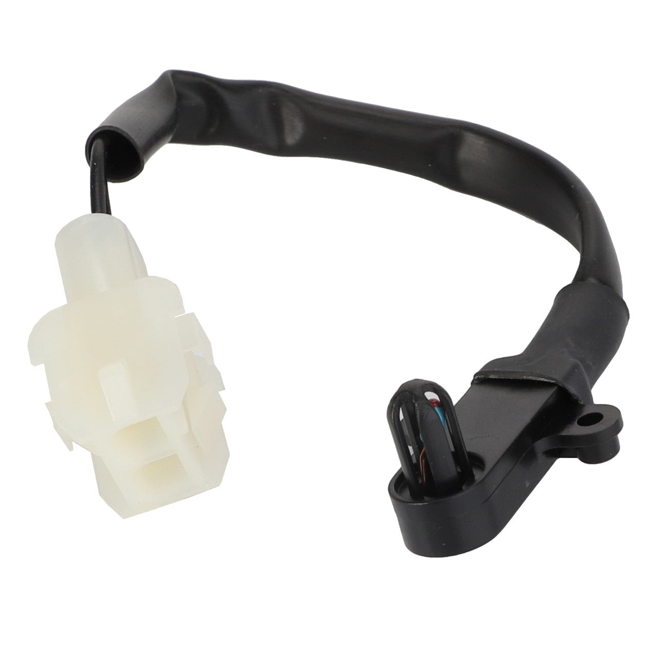 AGCO Temperature Sensor (D28782956) featuring a black automotive sensor wire harness with a white connector and black mounting bracket. No current product description information is available.