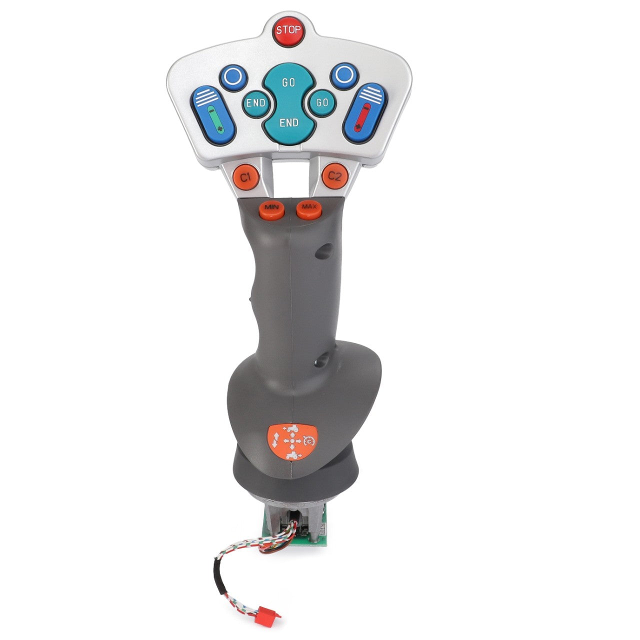 The AGCO Shift Lever - F835970160010 is a grey plastic joystick featuring various labeled buttons, such as "GO," "END," and "STOP," along with colored indicators. It includes a small circuit board attached at the bottom with a red connector, designed for compatibility with Fendt Vario Gen6 systems.