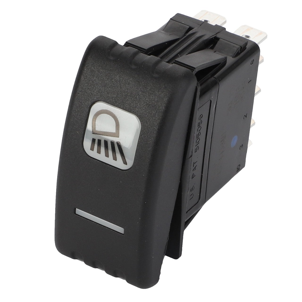 The AGCO Light Switch - 4374438M1 is a black automotive switch featuring a white light beam icon and electrical connectors on the back, compatible with Massey Ferguson models.