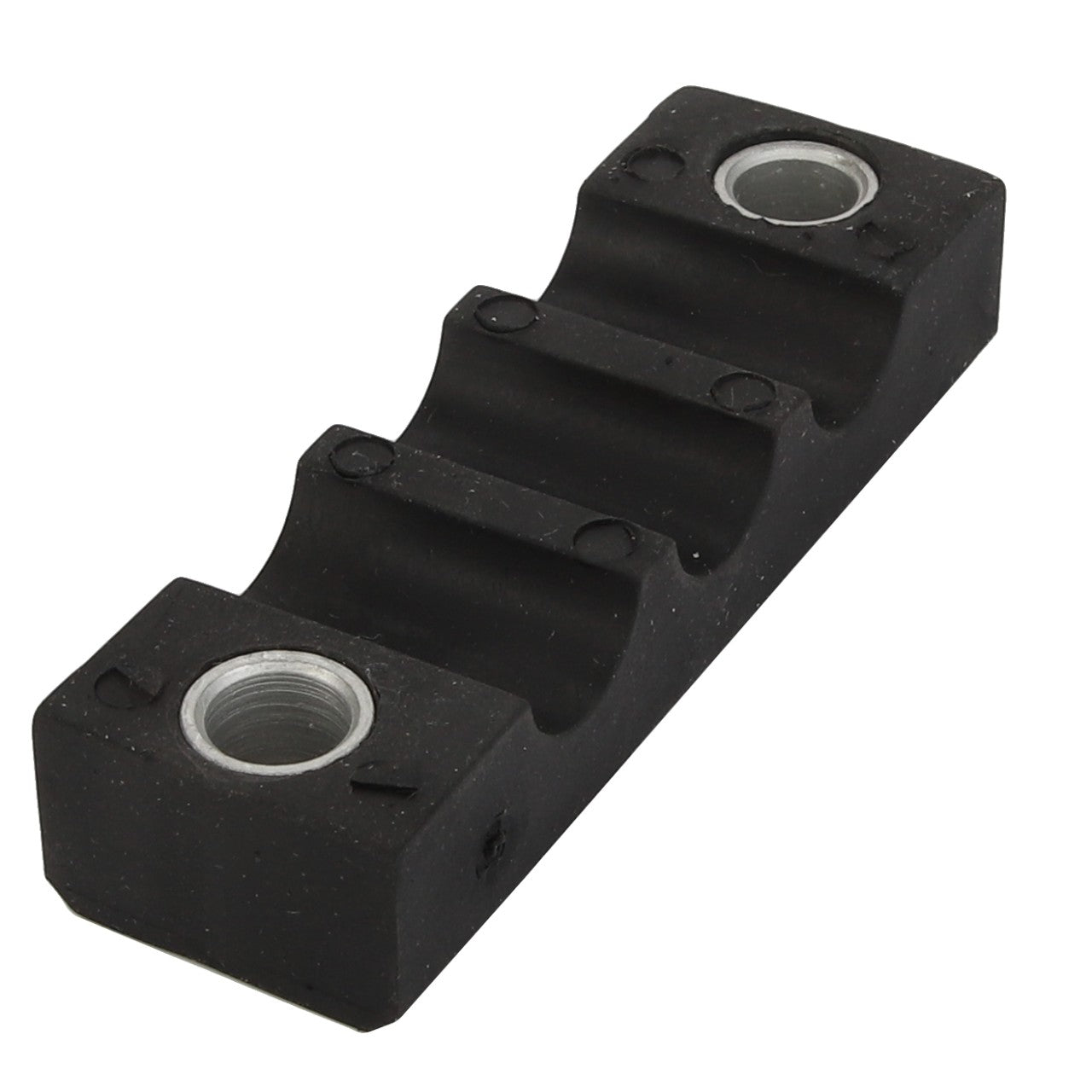 A black, rectangular plastic bracket with two large circular metal inserts and three curved grooves in the center; product information: AGCO Bridle - 4391947M1 by AGCO.