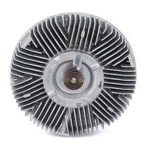 The AGCO Fan Drive, Viscous Coupling - Acp0327390 is a circular metal component featuring evenly spaced fins radiating outward from the center, with a central bolt and engraved markings. Designed to be part of a Viscous Fan Drive, it aids in reducing noise levels and lowering fuel consumption.