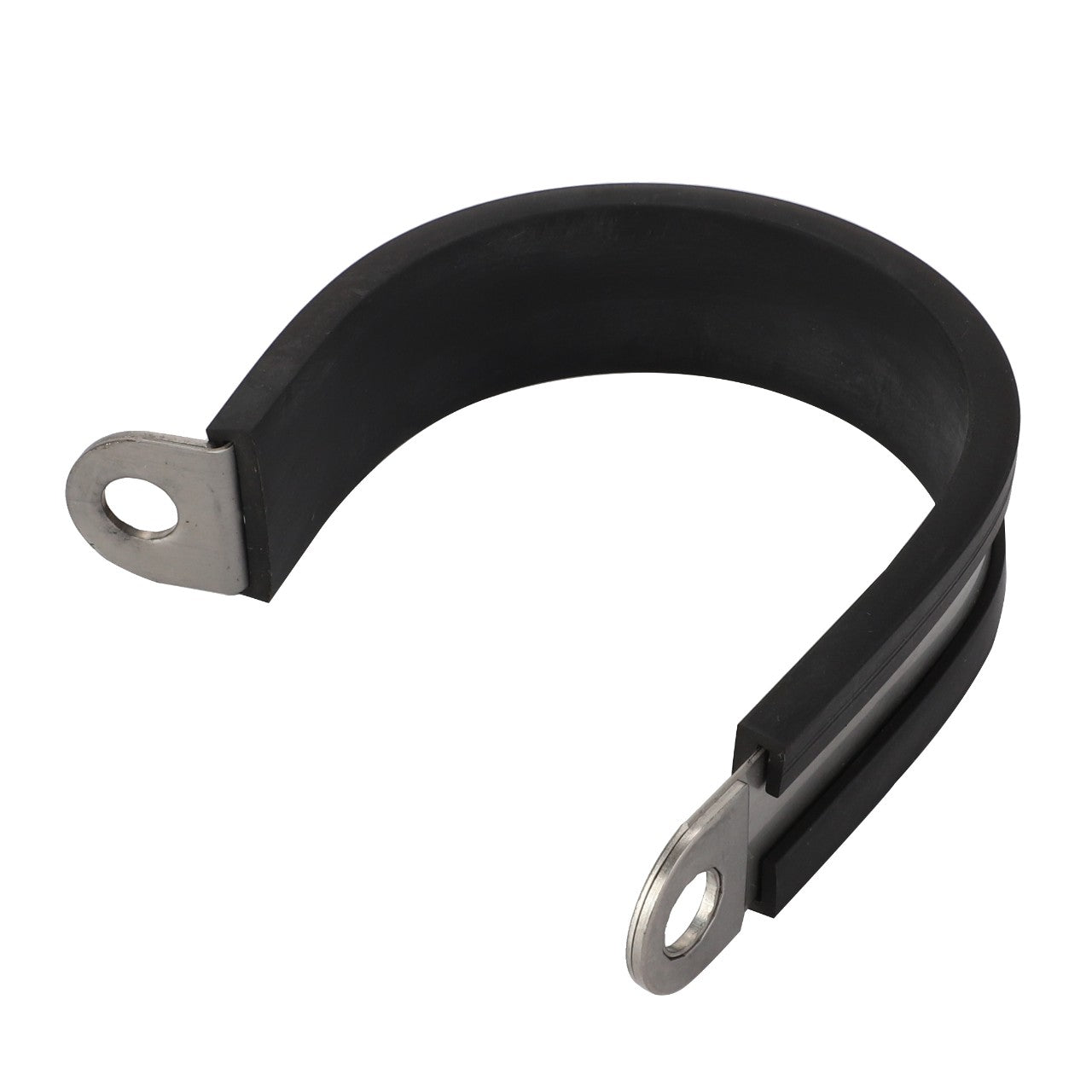 The AGCO Clamp - Acp0378100 is a durable black cushion clamp with two metal eyelets on each end, meticulously designed for securely fastening cables or hoses.