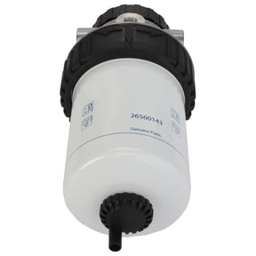 AGCO's Filter - 4223663M1, a white cylindrical automotive oil filter, features a black nozzle at the bottom, a black mounting nut at the top, and blue specifications printed on the side. It is suitable for models such as Valtra and Massey Ferguson.
