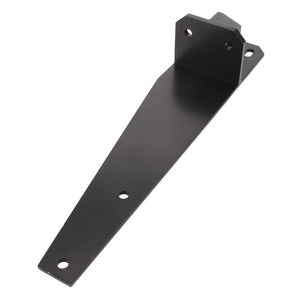 Introducing the AGCO | BRACKET - D28186058, a black metal bracket designed with three holes for easy mounting and two raised segments at the top. Proudly brought to you by AGCO.