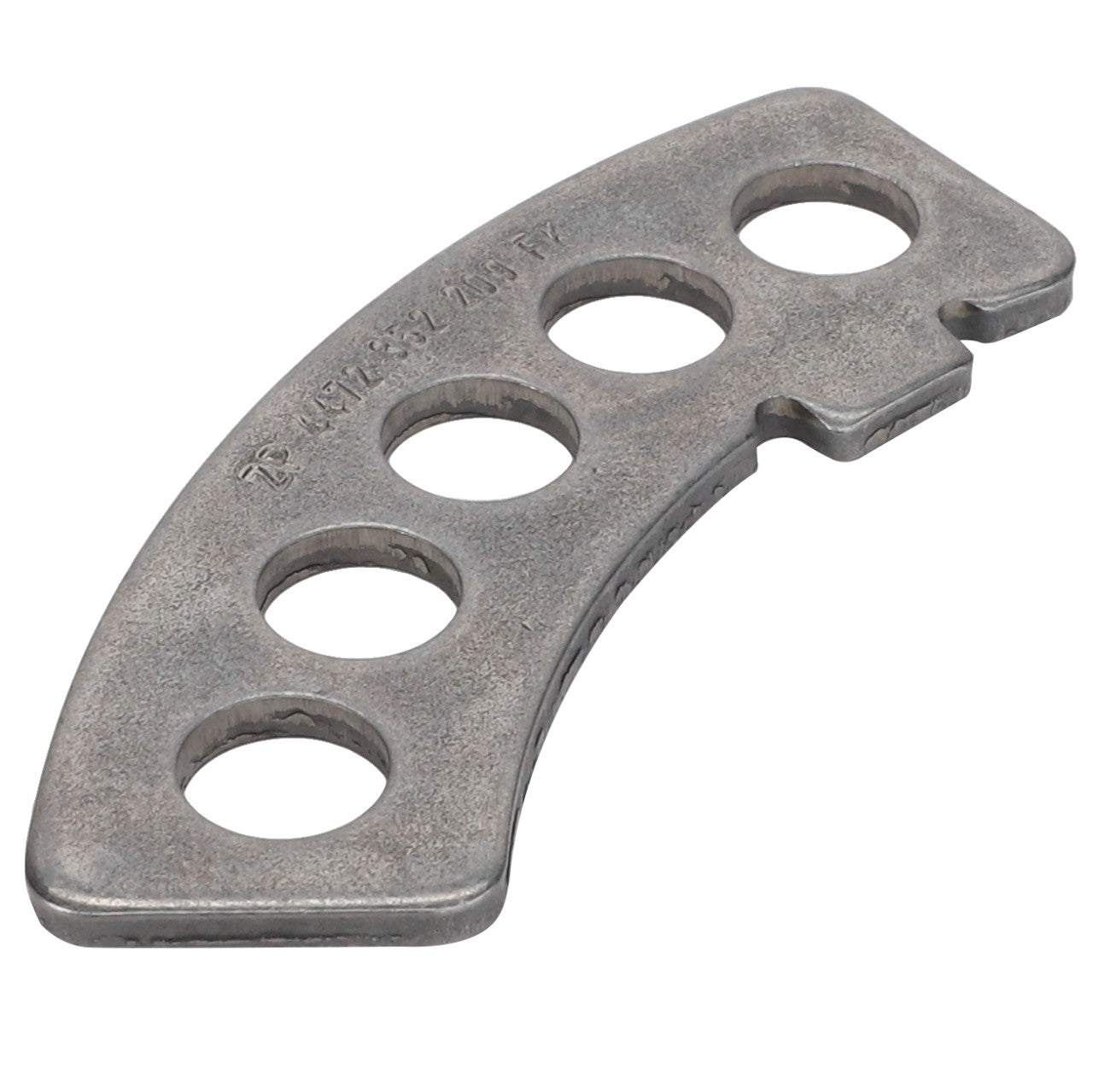 No current product description is available, but the AGCO Lock Plate - F380303020582 from the brand AGCO is a curved metallic tool that features four circular holes and a notch on one end.