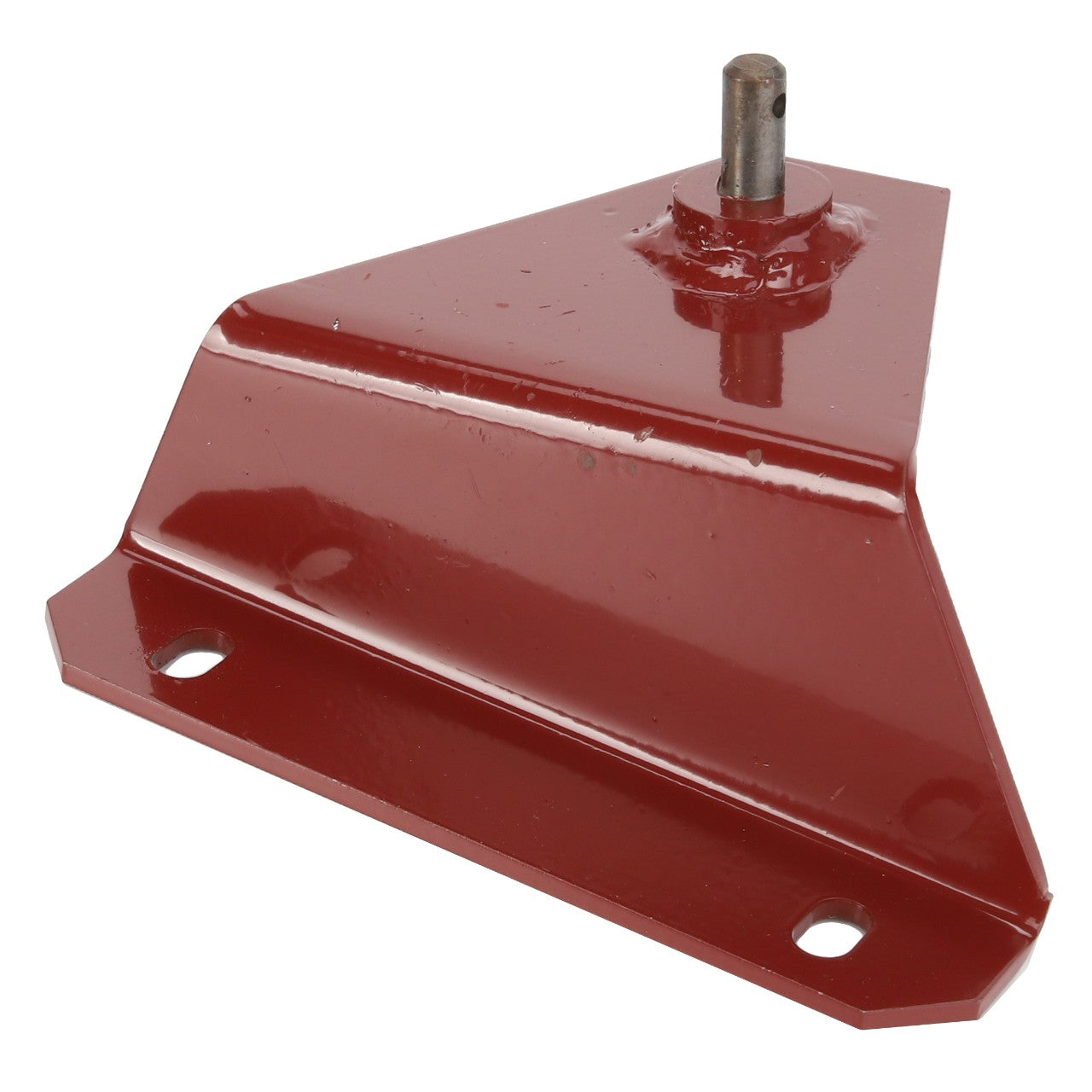 The AGCO | BRACKET - D28185560 is a red, metal bracket with a triangular shape and a vertical pin attached at the top. It features two mounting holes at the base. No current product description information is available.