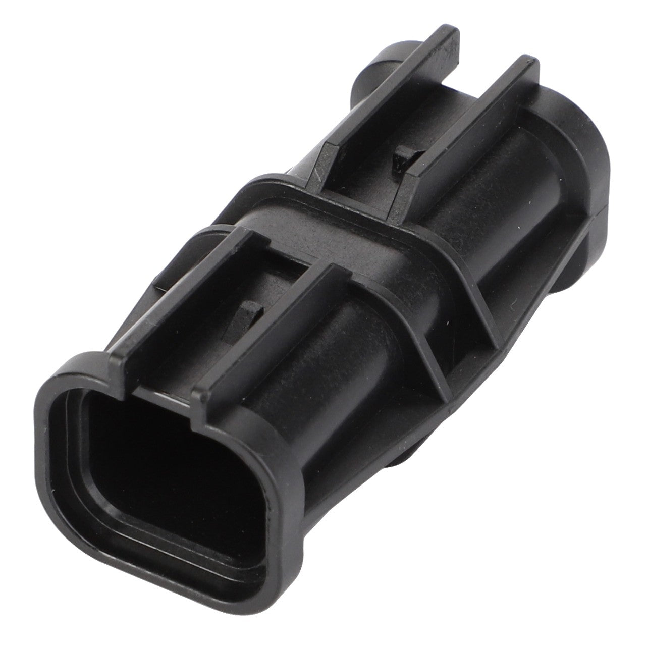 There is no current product description available for the AGCO Adapter - F530200050760, a black plastic electrical connector with a rectangular shape and multiple ridges.