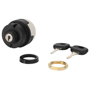 The AGCO | IGNITION SWITCH - D44900841 is a black ignition switch featuring a keyhole labeled "P," and comes with two identical keys, a sleek black rubber ring, and a sturdy brass nut.