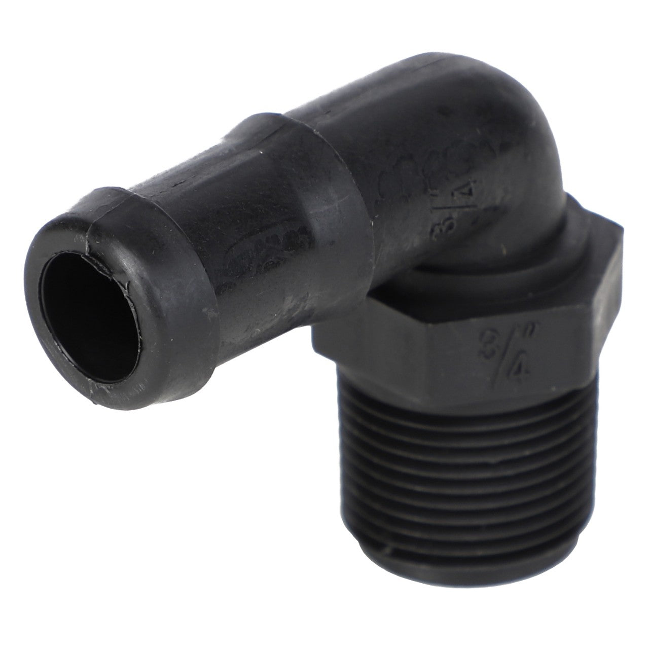 Introducing the AGCO | Elbow Fitting - Ag051142: A black, 90-degree elbow pipe fitting from AGCO featuring a threaded end on one side and a smooth end on the other.