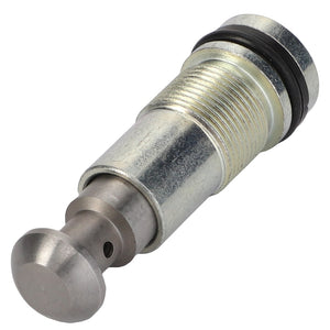 Close-up of the AGCO | VALVE - AL10570069 metallic hydraulic cylinder pin, featuring a threaded shaft and two O-rings. Currently, no product description information is available for this item.