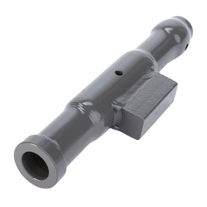 A metallic, gray, cylindrical object with a hollow end, resembling a small cannon or industrial component, featuring a rectangular extension on one side, much like the AGCO Left Hand Tube - 3794472M91 used in Massey Ferguson models' hitch and linkage components.