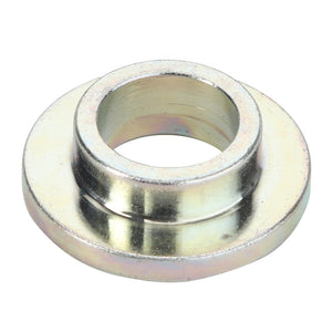 A close-up image of the AGCO BUSH - D28380356, a metallic, hollow cylindrical spacer or bushing with beveled edges.