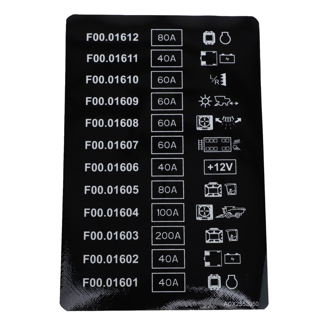 AGCO's Decal - Acx2552050 includes a label indicating various fuse ratings and corresponding symbols, such as 40A, 60A, 80A, and 100A, for different electrical components. No information available on additional specifications.