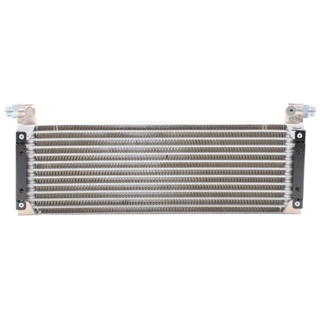 The AGCO | Oil Cooler, Oil To Air Type - Acw1327000 is a silver automotive radiator featuring multiple horizontal fins, two connector ports on either side, mounting brackets at each corner, and is designed to ensure accurate lubrication by maintaining optimal oil temperature.