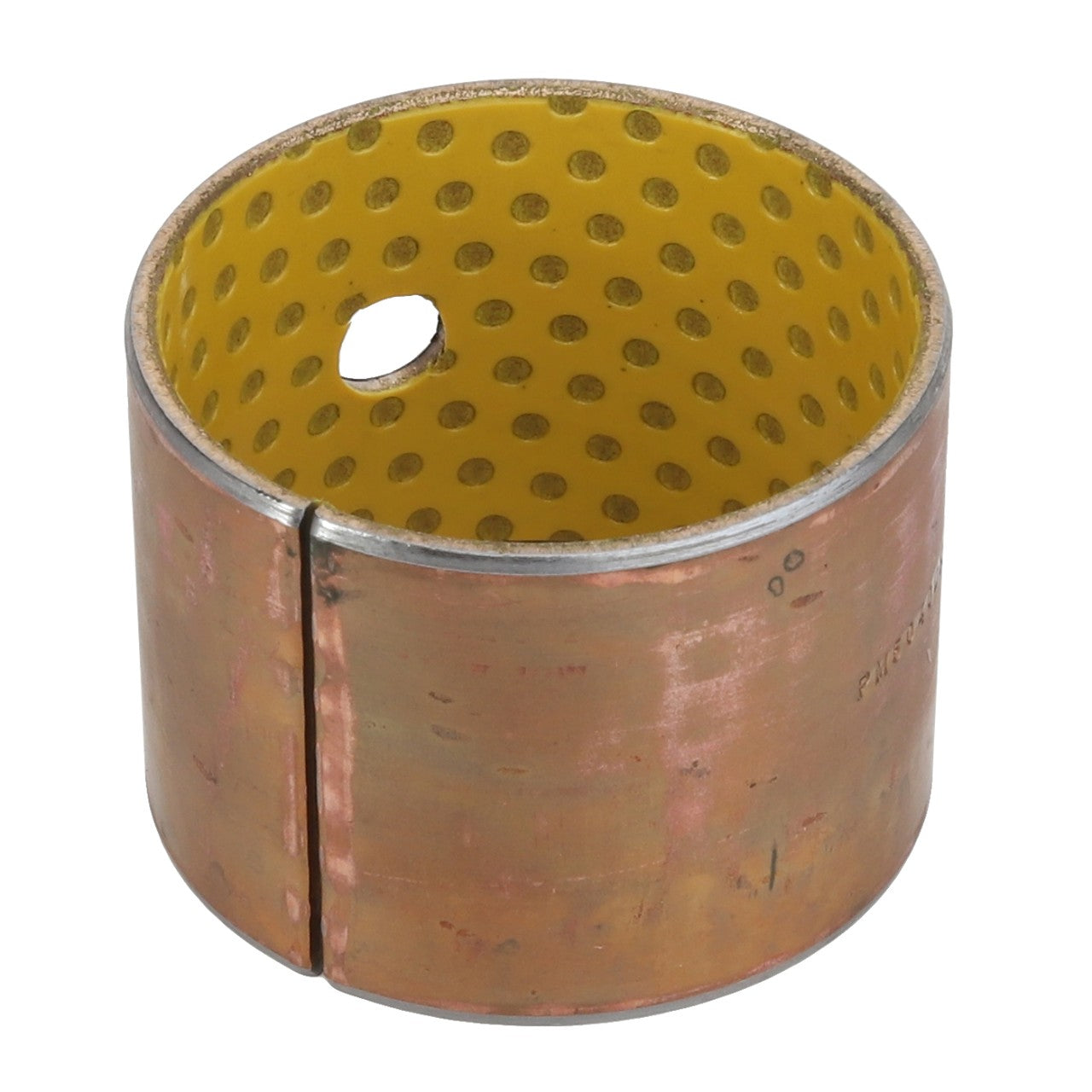 The AGCO BUSH - AL5018909 is a cylindrical metal bushing with a yellow perforated interior, featuring a distinct seam on its outer surface and a single hole.