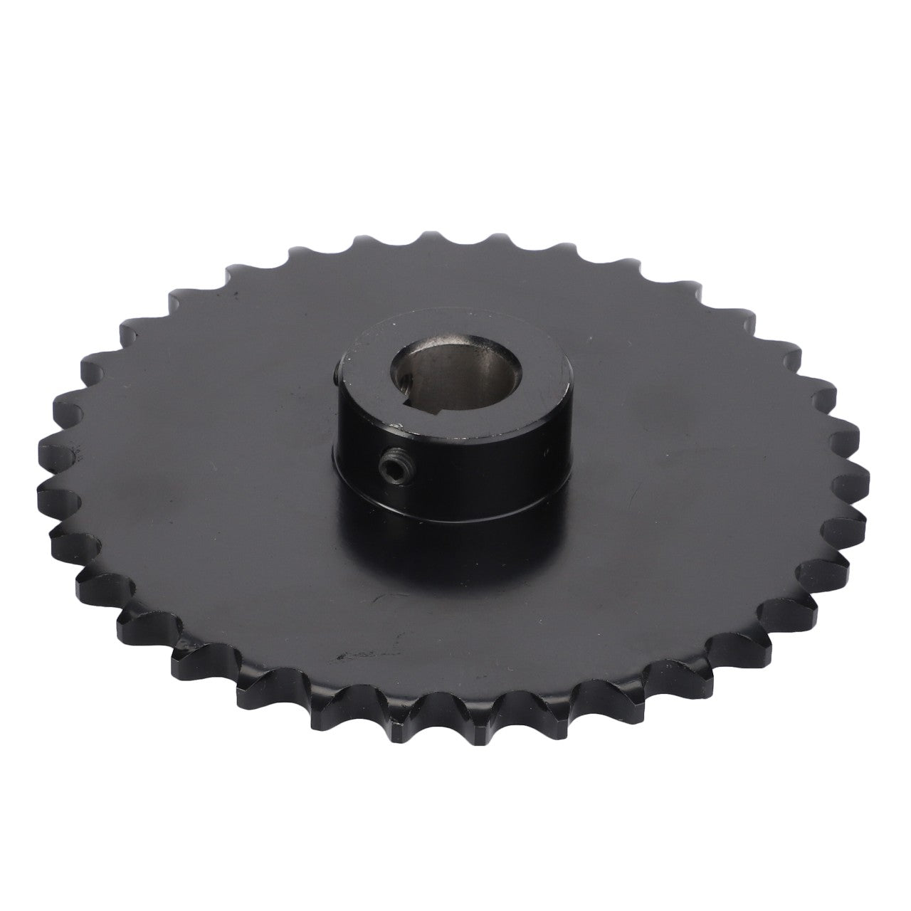 The AGCO Sprocket, Cutting Header Auger - D28281338, features a black metal design with a central mounting hole and teeth around its perimeter, engineered for optimal performance in machinery by transmitting rotary motion.