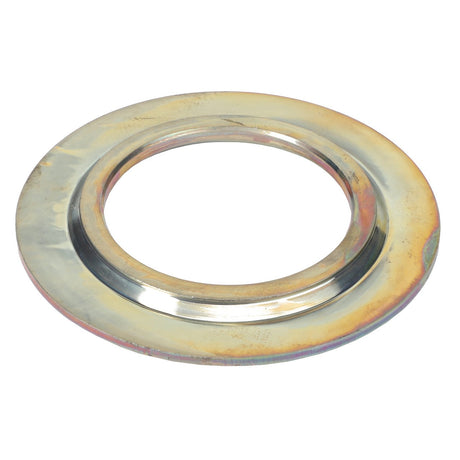 The AGCO | Sealing Washer - 1764-14-15-05 is a metallic circular ring with a smooth surface, featuring a large central hole and a slightly raised outer edge, compatible with various Massey Ferguson models.