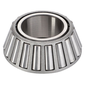 A close-up photo of the AGCO Interior Part - X623078500000, a tapered roller bearing with a metallic cylindrical shape and evenly spaced steel rollers around it, designed for Massey Ferguson and Fendt Models.