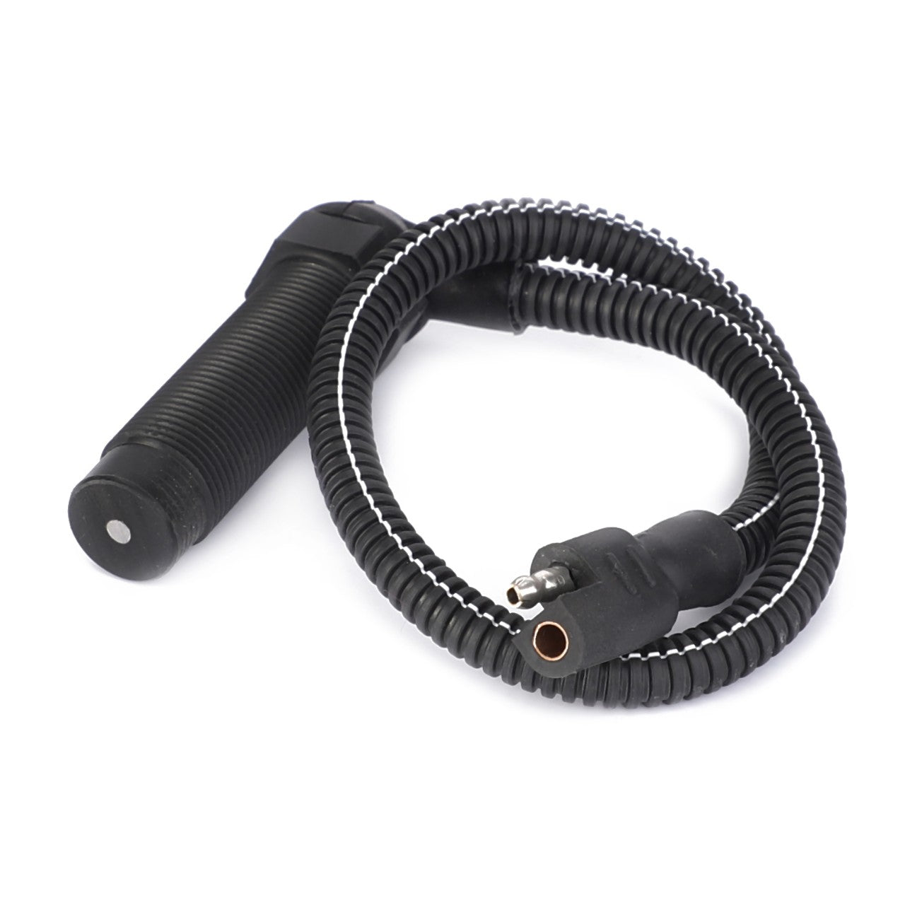 The AGCO Inductive Sensor - 3712058M1 features a coiled cord with a cylindrical handle on one end and an electrical connector on the other. It is designed for electronic or industrial use and includes suitable fitment information for Massey Ferguson Models and Fendt machinery.