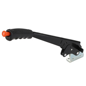 AGCO's Hand Brake - Acp0437240 features a black automotive handbrake lever with a textured grip and an orange button at the end, all securely mounted on a sturdy metal bracket.