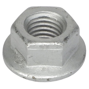 A close-up of the AGCO | Hex Flange Top Lock Nut - Acw1027160, featuring a silver hexagonal shape with a flanged base and threaded interior. No current product description information is available.