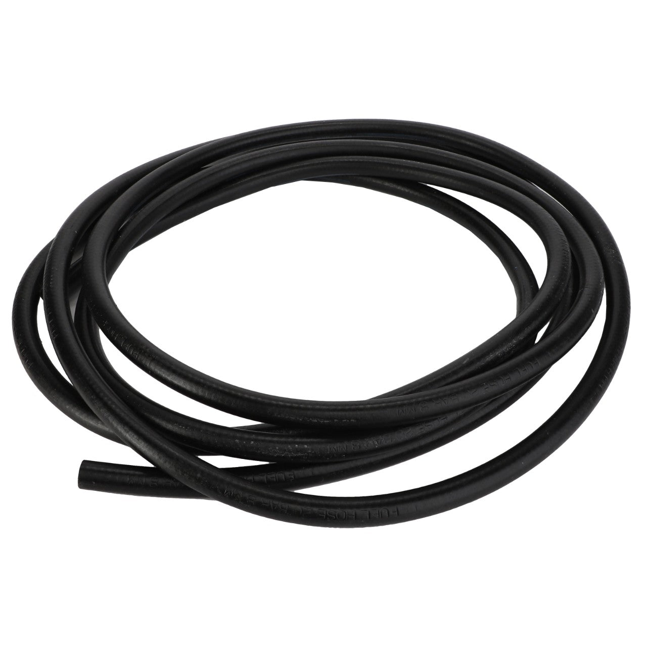 A coiled black rubber hose, identified as the AGCO | FUEL HOSE - D28782175 by the brand AGCO, is laid out on a white surface, but no current product description information is available.