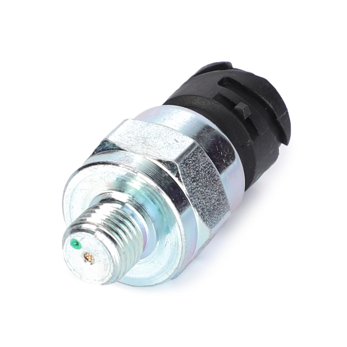 The AGCO Low Pressure Oil Temperature Sensor (Part Number: 4358647M3) is a compact, metallic sensor featuring a threaded section on one end and a black plastic connector on the other, designed to be compatible with various Massey Ferguson models.