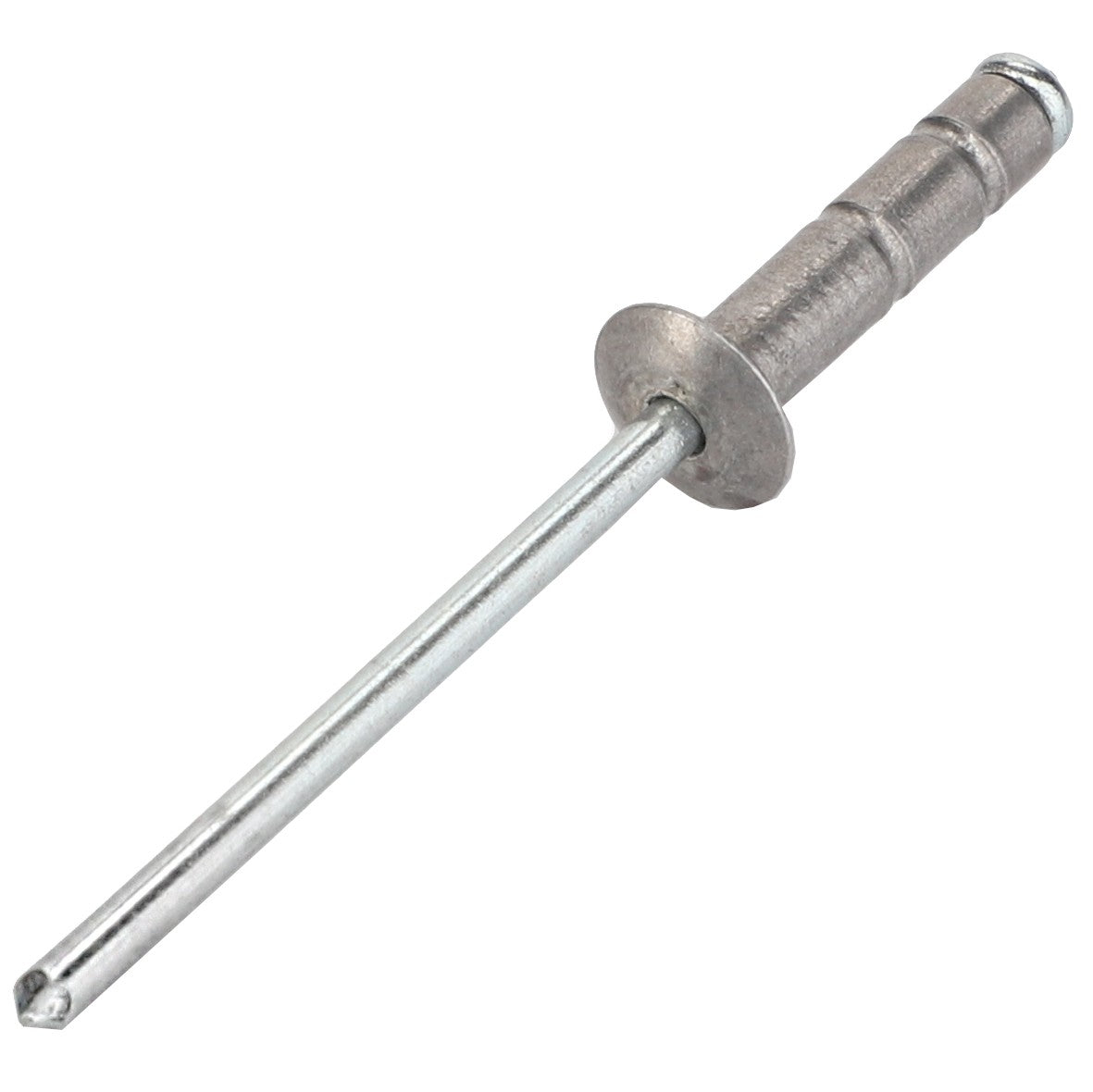 A single AGCO Rivet - Acw0943670, featuring a cylindrical body with a flange at one end and a long, thin pin extending from the center. No current product description replaces this classic tool's efficiency in seamlessly securing materials.