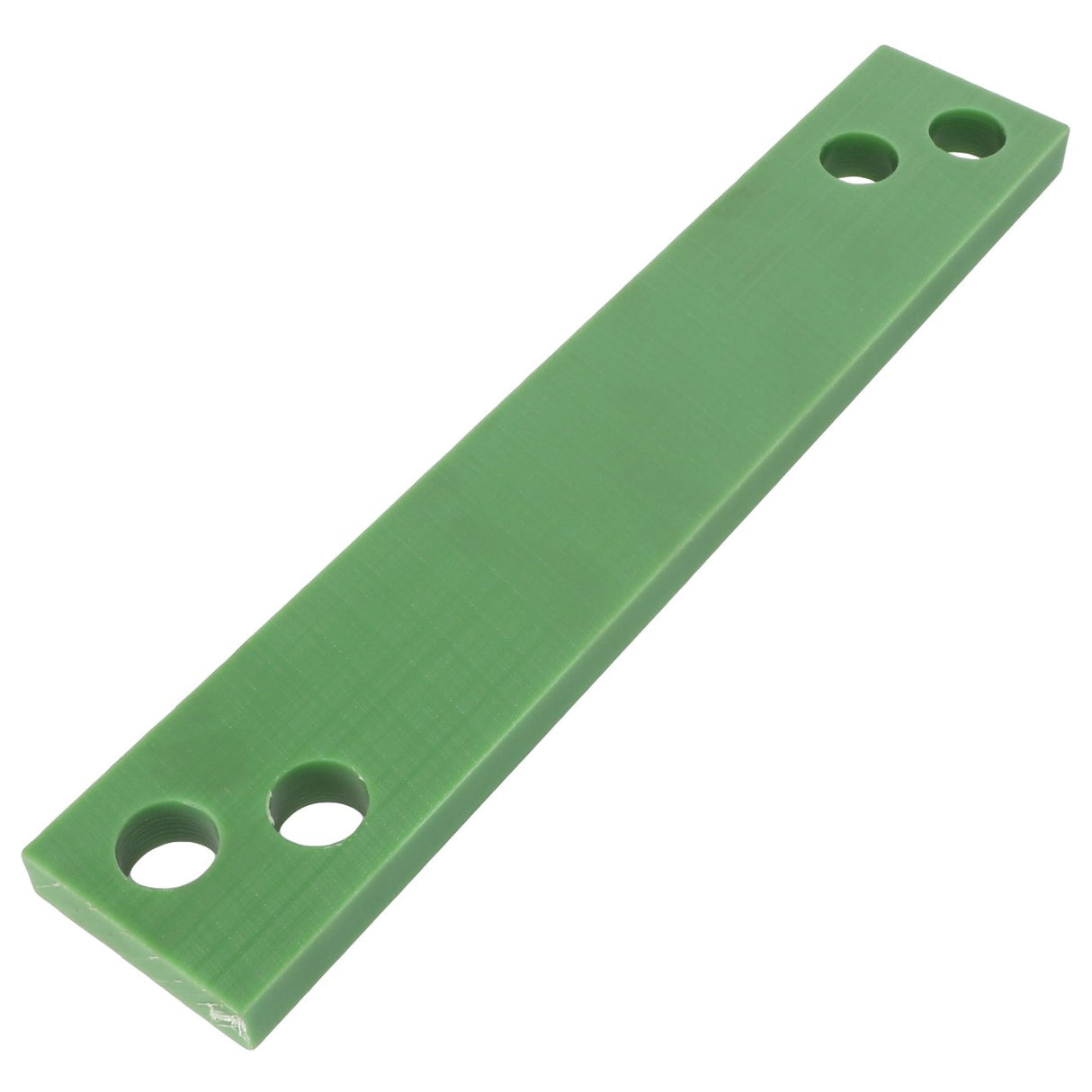 A green rectangular AGCO PLATE - AL1215230, made of plastic, featuring three evenly spaced holes near one end and an additional hole near the other end.