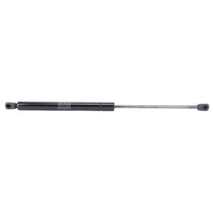 The AGCO Genuine Gas Strut, Window - H931812051100 is a black gas spring featuring a metal rod and attachment points on both ends, ideal for lifting or supporting heavy objects. Isolated on a white background, this strut is engineered by AGCO to ensure prolonged service life and reliable performance.