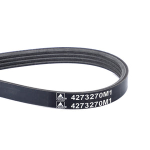 Close-up view of the AGCO Serpentine Belt, Pk4 Profile - 4273270M1 in black ribbed design with the code "4273270M1" printed in white. Ideal for Massey Ferguson models.