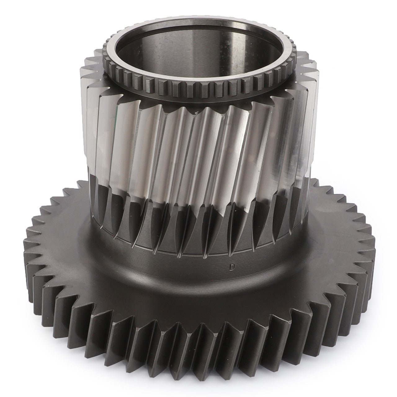 The AGCO | Gear - 3799327M4, a metallic helical gear with sharp teeth and a cylindrical hole in the center, frequently used in mechanical engineering and machinery to enhance performance, exemplifies the quality of AGCO Parts Genuine Gears.