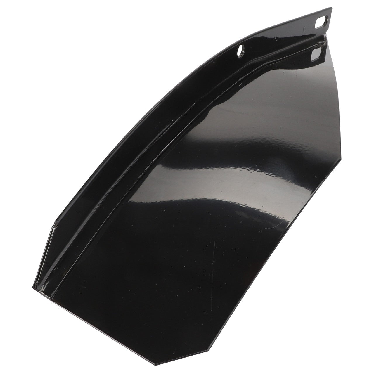 The AGCO | LEFT HAND DEFLECTOR - D49060071 is a black metal piece with a curved shape, featuring mounting holes on one side. This component is likely intended for use in machinery or vehicles.