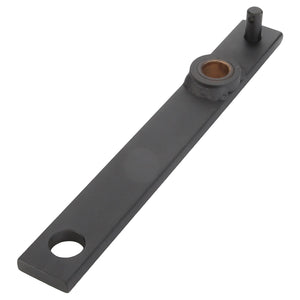 The AGCO | LEVER - D28784190, by AGCO, is a long, flat, rectangular metal bracket featuring a round hole on one end and a cylindrical pin with an additional hole and bearing hole on the other. No current product description information is available.