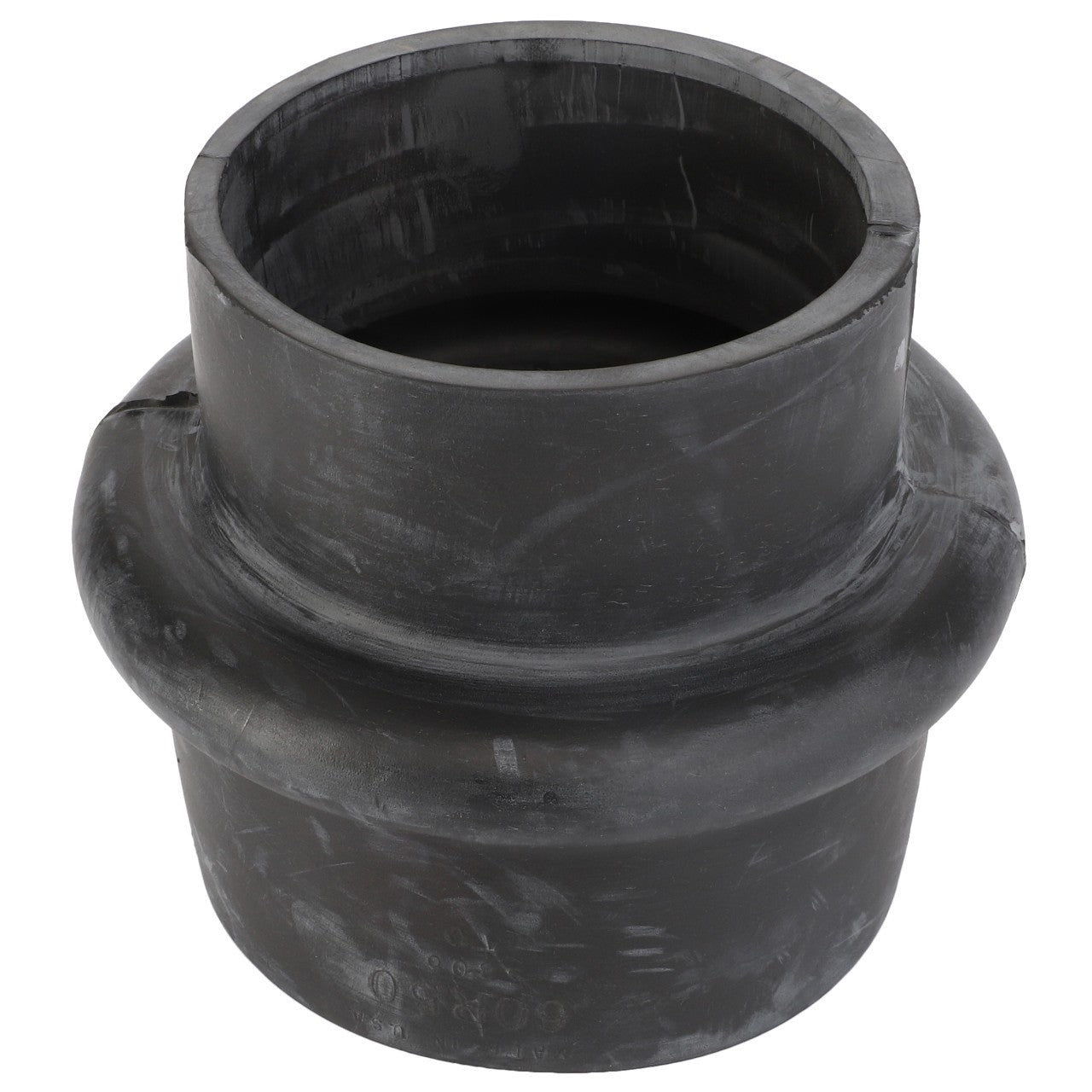 A black, cylindrical rubber adapter featuring a wider ribbed ring in the middle, known as the AGCO Reducer Hump Hose - Acp0010400 by AGCO.