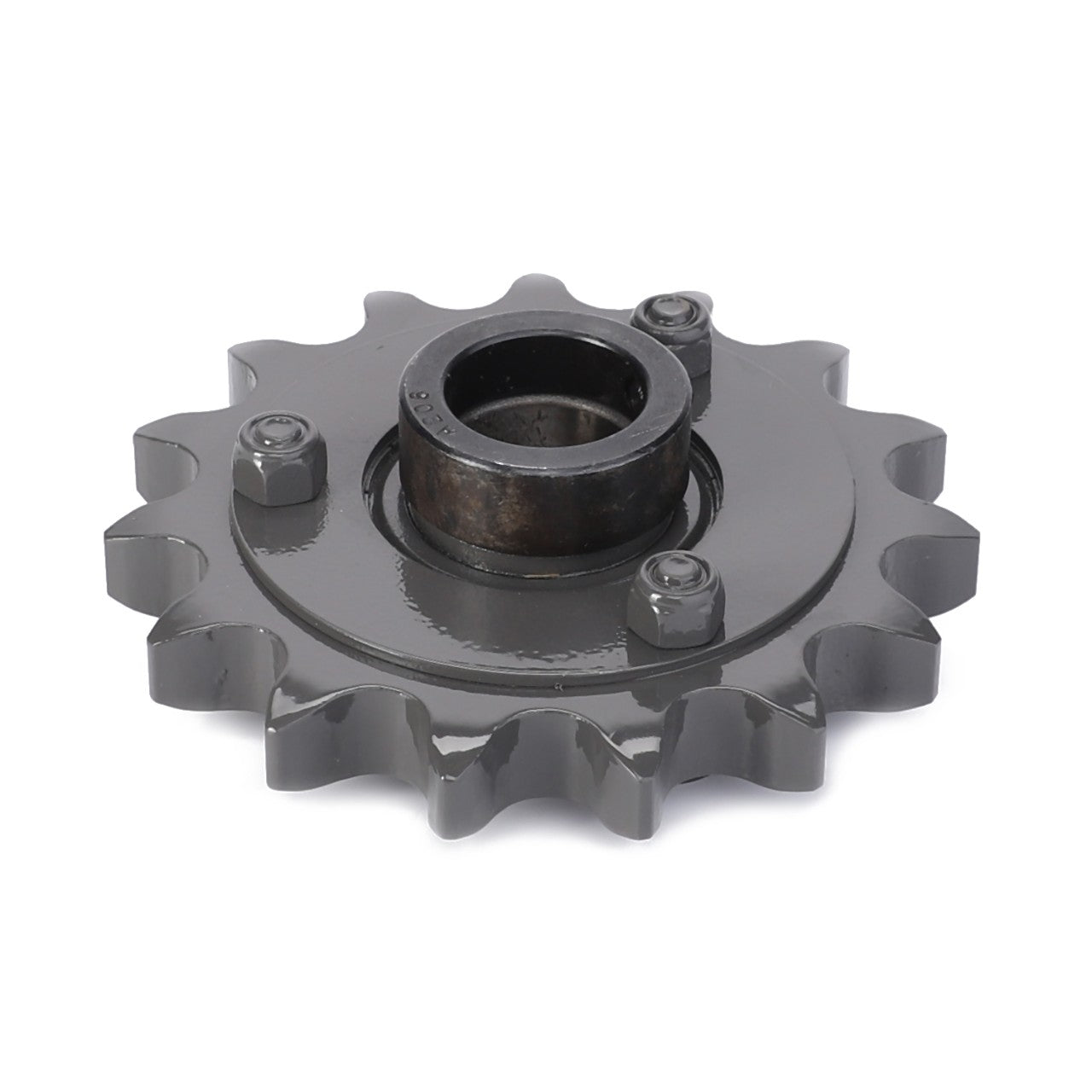 Close-up image of the AGCO | Chain Tensioning Wheel - 0934-96-01-00Gy by AGCO, featuring a metal sprocket gear with a central bearing and bolts. It is crafted from quenched tempered steels, has twelve teeth, a dark gray finish, and offers high fatigue strength for longer maintenance intervals.