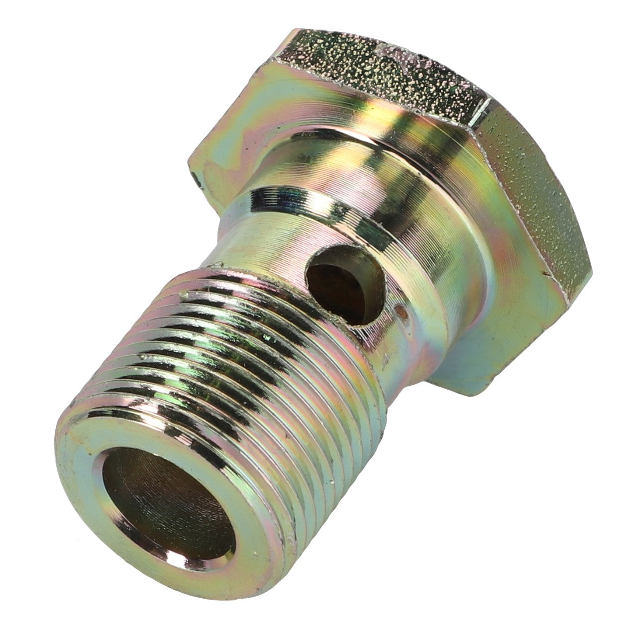 The AGCO Banjo Bolt - D28786716 is a metal bolt featuring a hex head and a drilled hole in its shaft, specifically designed for hydraulic systems. At present, there is no additional product description information available.