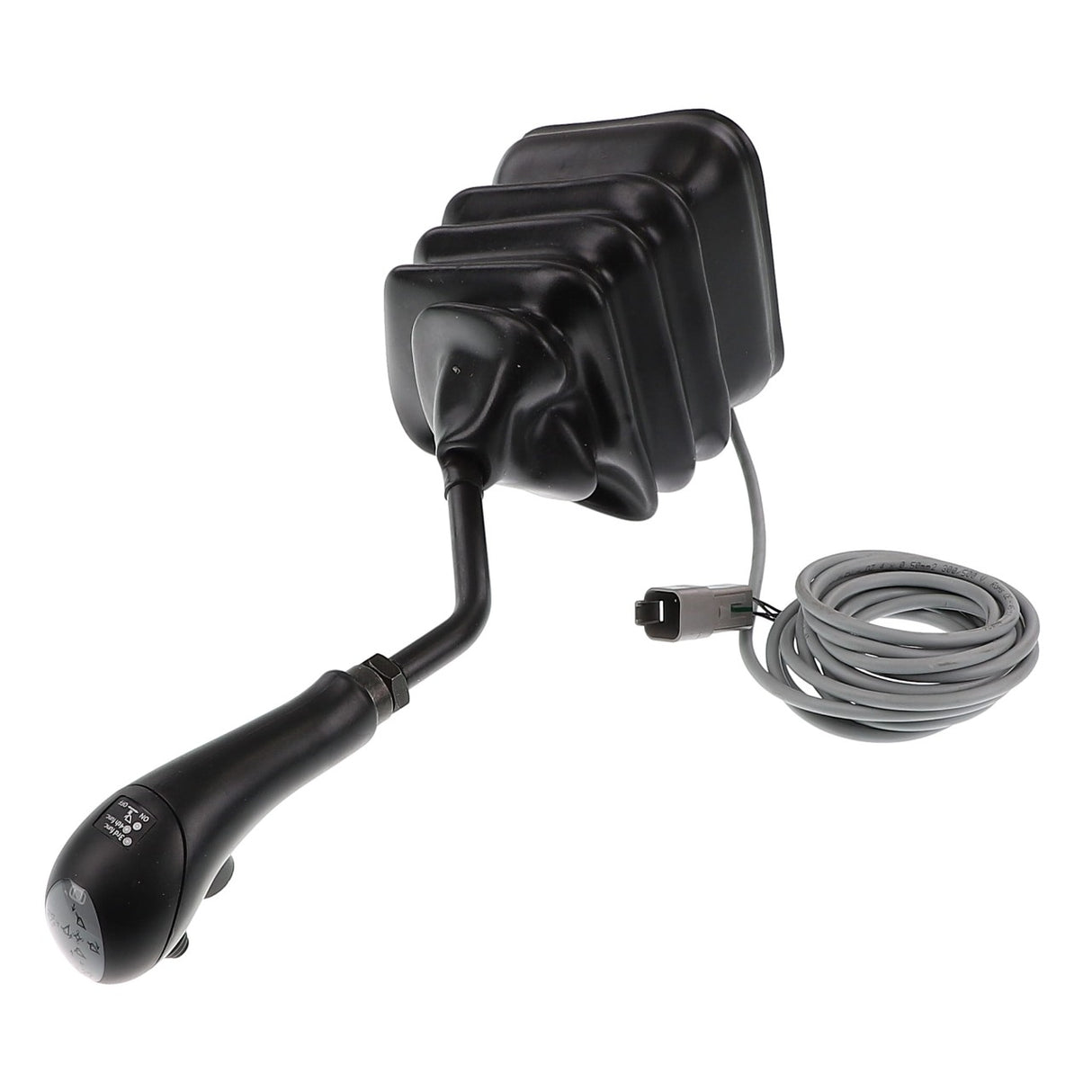 A AGCO | LEVER - AL5021964, a black gear shift lever with a flexible rubber boot and a coiled cable, culminating in a plug connector.