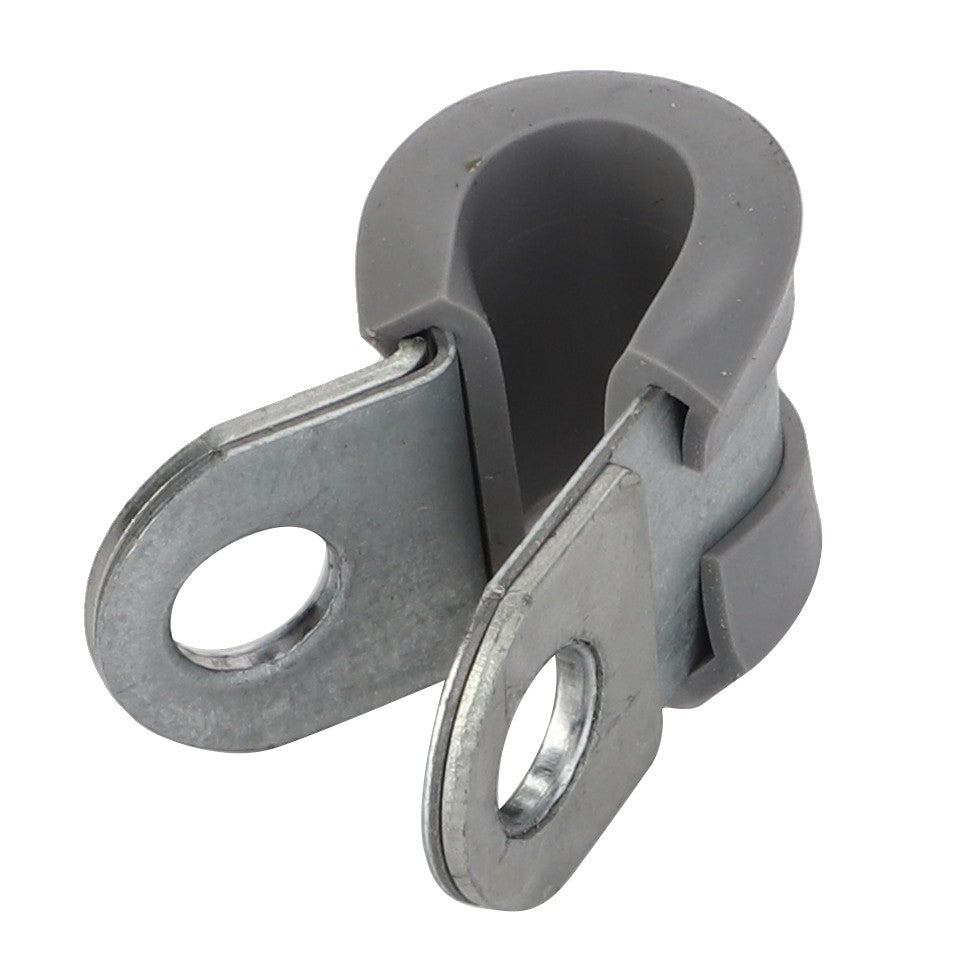 The AGCO PIPE CLAMP - F934201210680 is a metal and rubber clamp with two holes for mounting, designed specifically for securing cables or hoses. No current product description information is available.