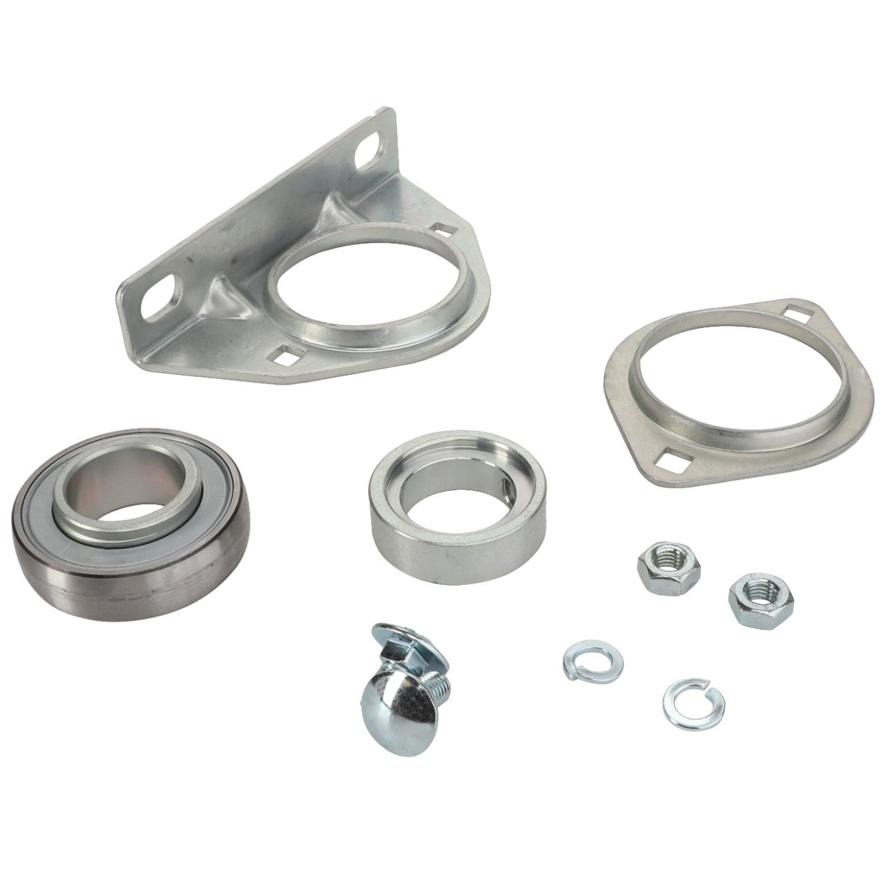 AGCO | BEARING CARRIER - D41707300 and other metal components, such as brackets, a bolt, and nuts, meticulously arranged on a white background.