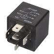 A black AGCO | Relay, 12V - 6203146M1 from AGCO Parts Genuine Electrics with four metal prongs and a labeled terminal diagram on top, used for electrical switching applications. This reliable component increases service life for your machinery.