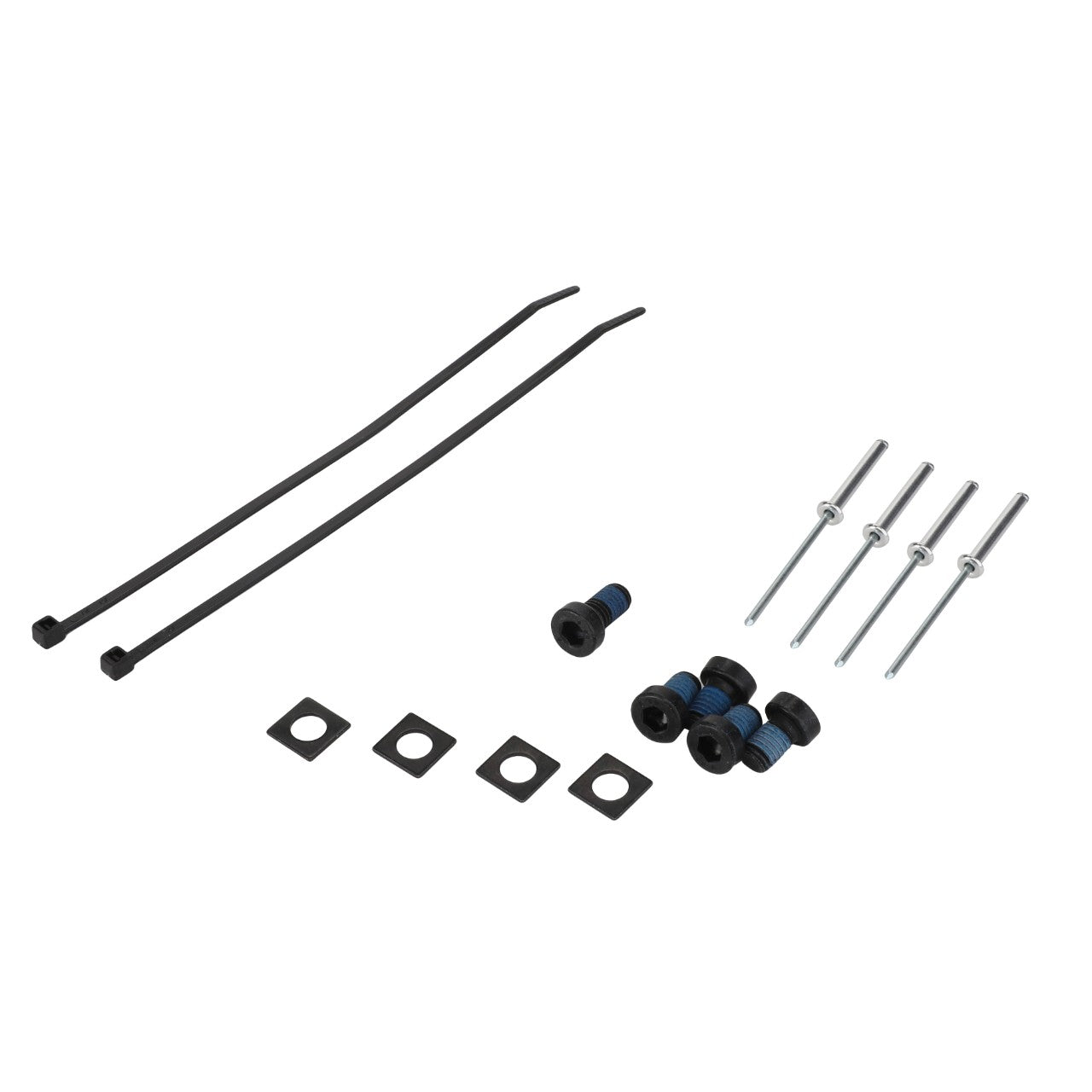 The AGCO | FASTENING PART - F931502031070 set, consisting of two black zip ties, four black screws with blue accents, four square washers, and four long metal bolts, arranged against a white background.