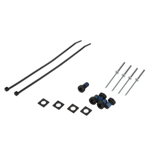 The AGCO | FASTENING PART - F931502031070 set, consisting of two black zip ties, four black screws with blue accents, four square washers, and four long metal bolts, arranged against a white background.