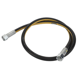 The AGCO | HYDRAULIC HOSE - D45130078, a black and yellow flexible hose with metal connectors on both ends, is artfully coiled in a graceful loop.