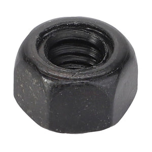 Close-up of an AGCO Hex Top Lock Nut - Acw8111810, featuring a black finish and threaded center hole, displayed against a plain white background.