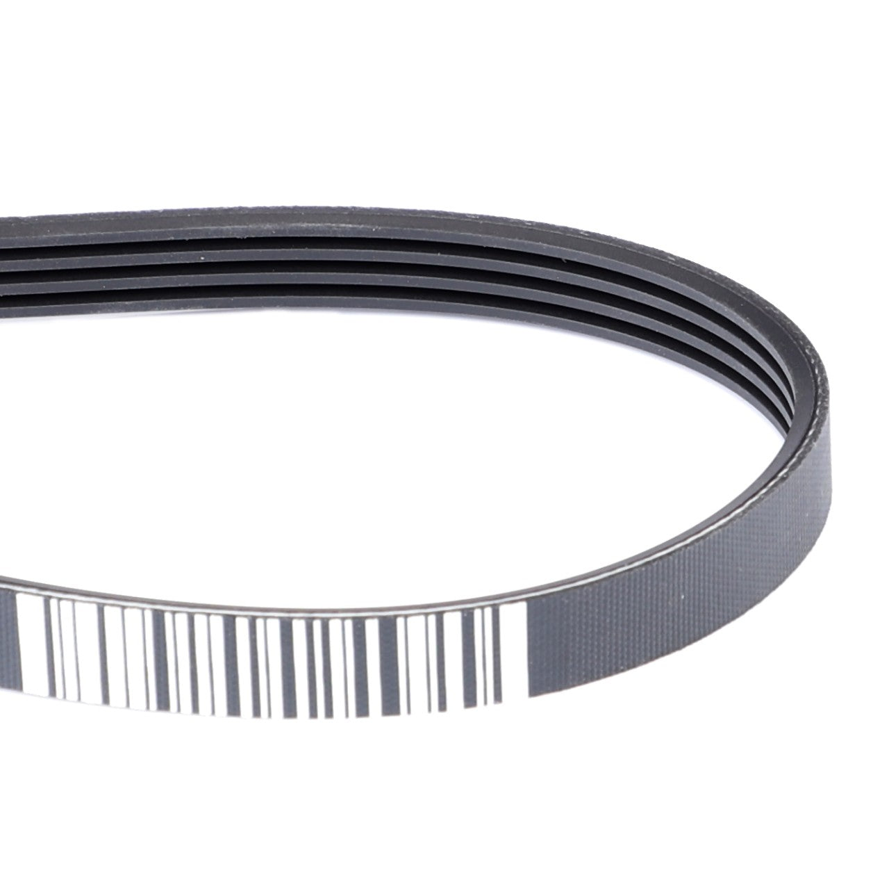 Close-up image of an AGCO Genuine Serpentine Belt (Pk4 Profile - 4390524M2) with multiple grooves and a barcode on one side, suitable for Fendt Models.