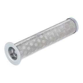 The AGCO Hydraulic Filter Cartridge - 3754814M2 is a cylindrical metal mesh filter with gray plastic end caps, designed for liquid filtration to enhance equipment service life and reduce maintenance costs.