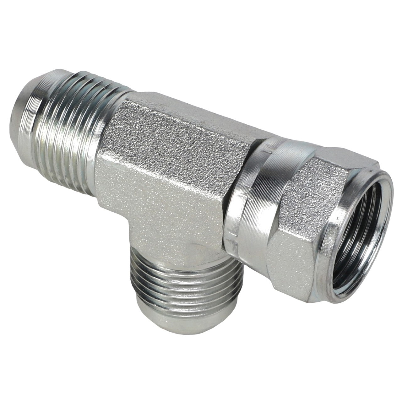 The AGCO TEE FITTING (AG561359) is a metal T-shaped pipe fitting with threaded connectors on all three ends, featuring a Male JIC connector.