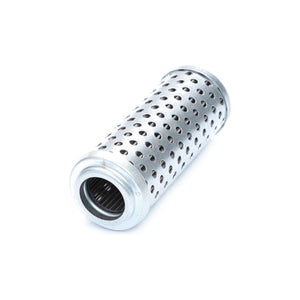 The AGCO Hydraulic Filter Cartridge - 191855M4 features a cylindrical metallic design with a perforated surface and hollow interior, specifically engineered for fluid filtration applications in Massey Ferguson machinery.